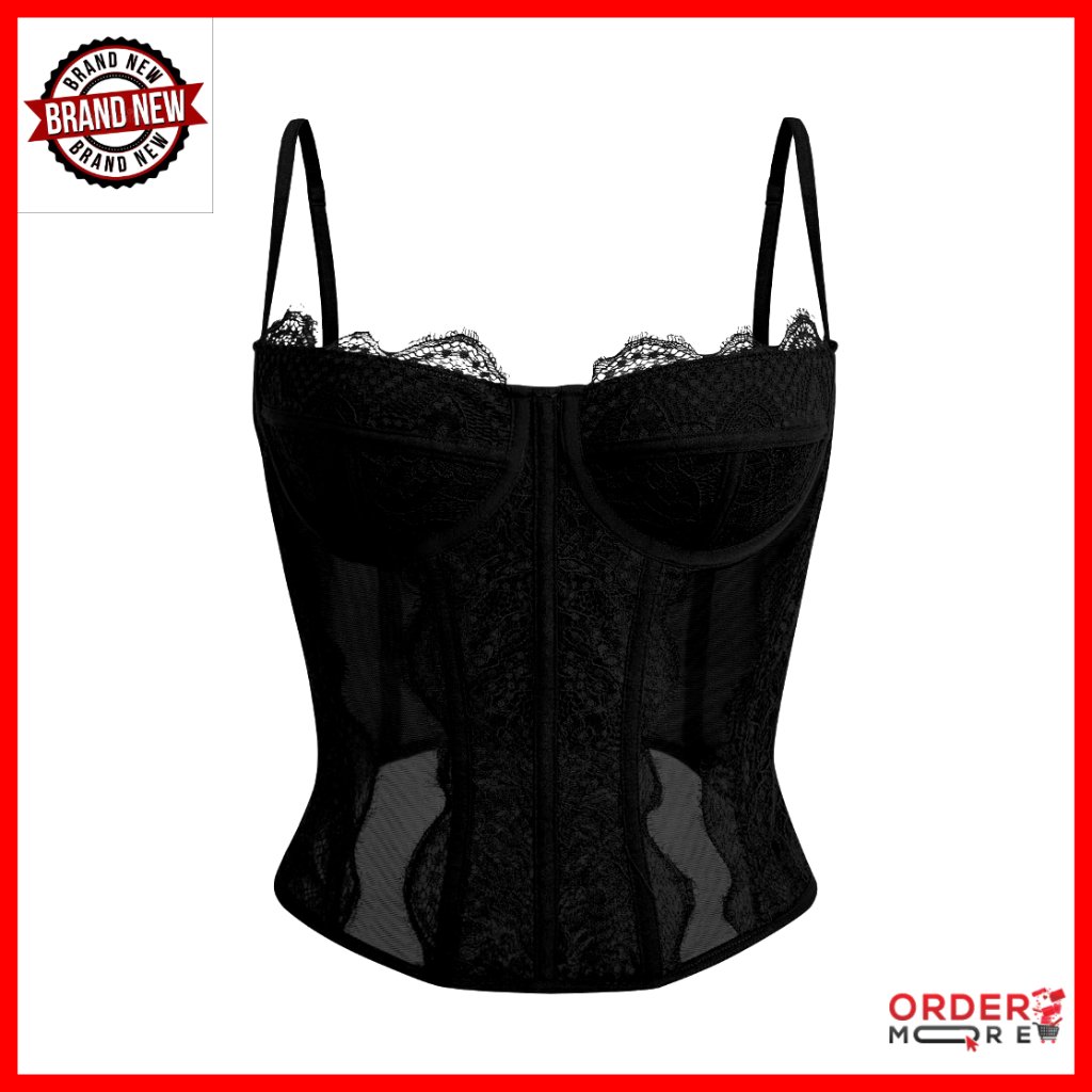 Lace Mesh Corset Top Spaghetti Strap Backless Off Shoulder Crop Bustier